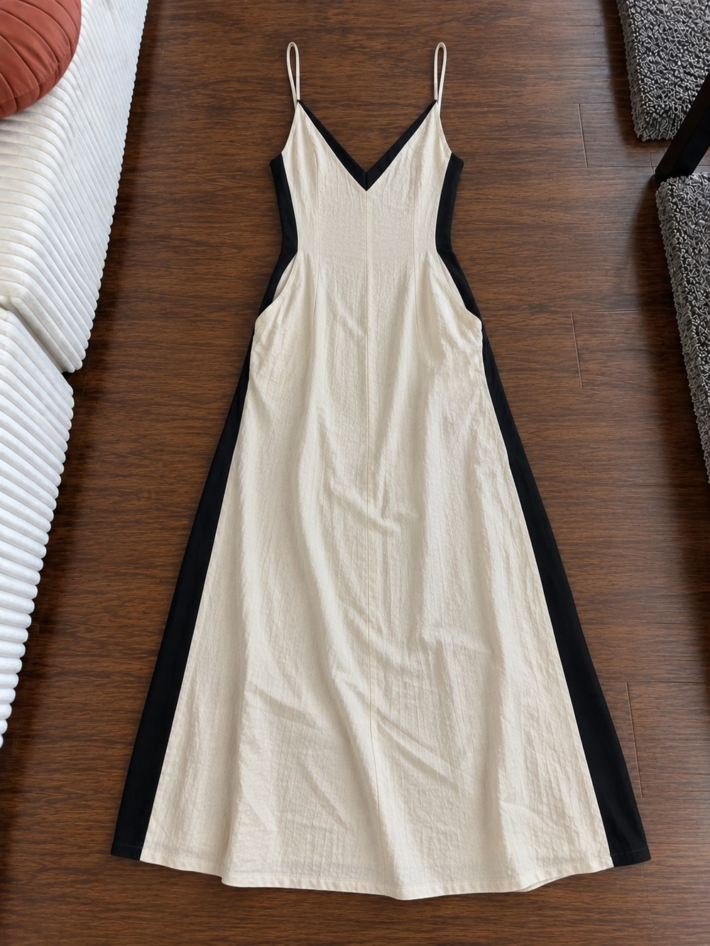 V-Neck Cream Maxi Dress with Black Side Panels